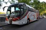 Volvo-Reisebus (Noge) des Unternehmens Sacrest Autocars aus 17800 Olot (Girona)Spanien . Hhe 3,65m, Lnge 14,00m, Breite 2,50m, 64 Pltze.(Aufgenommen   in Zrich am 12.08.2012)