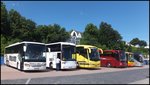 Setra 416 GT-HD von Söllner aus Deutschland und EOS von Aga-Bus aus Polen und Scania Irizar von CentrumTurist aus Dänemark und Mercedes Tourismo von Zwaluw Reizen aus den Niederlanden und