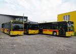Die BLT mustert einen Teil ihrer Busse aus. Auf einem Parkplatz in der Nhe des Depots Hslimatt stehen die Mercedes Citaro mit der Betriebsnummern 1 + 2 und der Neoplan mit der Betriebsummer 3. Die Aufnahme stammt vom 06.05.2013.