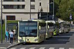DC 4383 Mercedes Benz Citaro von Demy Cars steht mit anderen Busen an der Bushaltestelle nahe der „Streplaz“ in der Stadt Luxemburg.