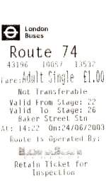 LONDON, 24.06.2003, an der Baker Street beim Busfahrer gelöstes Ticket -- Fahrkarte eingescannt