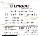 VADUZ, 04.10.2012, Einwegticket für zwei Personen nach Buchs/Schweiz -- Fahrkarte eingescannt