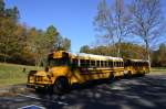 Zwei amerikanische Schulbusse warten auf einem Parkplatz am Blue Ridge Parkway auf ihre jungen Fahrgäste. (25.10.2013)