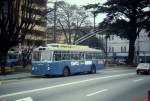 Wagen 127 (1966 FBW/Hess, elektrische Ausrüstung SAAS) im März 1993 in der Innenstadt von Lugano. Das Fahrzeug wurde 1978 von dem ein Jahr vorher eingestellten Betrieb Altstetten - Berneck übernommen. 2001 ersetzten auch in Lugano Autobusse die Trolleybusse.