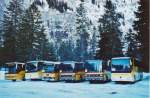Postauto Tschannen, Zofingen (von links): Nr. 7/AG 14'483 Setra + Nr. 21/AG 178'801 Mercedes + Nr. 2/AG 7755 NAW/Lauber + Nr. 9/AG 6048 Setra + Nr. 10/AG 7858 Setra + Nr. 19/AG 15'058 Mercedes am 11. Januar 2009 Adelboden, Unter dem Birg (Einsatz am Ski-Weltcup von Adelboden)