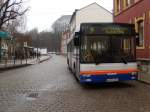 MAN Niederflurbus 2. Generation WSF-V281, ein 3-t�riger MAN NL, steht am 06.03.2009 auf dem Busbahnhof in Wei�enfels. Er kam gerade aus Richtung Langendorf - S�dring auf der Linie 9.