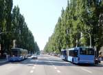 MAN Niederflurbus 2. Generation Die M�nchner Leopoldstra�e mit Siegestor im Hintergrund: Zwei MAN-Gelenkbusse der Metrobusinie 54 begegnen sich an der Haltestelle Hohenzollernstra�e. (20.8.09)