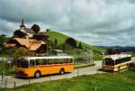 Berner Oberland Buzzi, Bern BE 530'697 FBW/R&J (ex Burri, Teuffenthal) + STI Thun Nr. 52/BE 396'552 Saurer/R&J SH am 9. August 2009 Buchen, Schulhaus