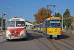 H6B Die Alternative zur S-Bahn Leipzig-Halle. Stra�enbahn bis Schkeuditz mit direktem Busanschlu� zur Weiterfahrt nach Halle/Saale.  Durch das Jubil�um 100 Jahre Stra�enbahndepot Schkeuditz war das am 19.09.2009 m�glich.