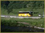 Der gelbe Setrabus macht sich gut in der gr�nen Landschaft. ...