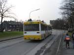 Mercedes-Benz O 405  (Hochflur-Stadtversion) Wagen 9070 auf der Linie 618 Richtung Dellbusch verl�sst die Haltestelle Sternenberg und wird nun die Gennebrecker Str. nach links verlassen, um die Haltestelle Dellbusch Ost zu erreichen. Die wegen des Schwebebahnausfalls dazugekauften Busse haben keine Linienanzeige und wurden deshalb als E-Wagen beklebt.
