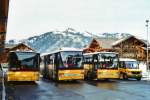 Postauto 4 x K�bli, Gstaad (von links nach rechts: Volvo/Hess BE 360'355 - Setra BE 235'726 - Setra BE 403'014 - Mercedes BE 305'545 am 24. Januar 2010 Gstaad, Bahnhof