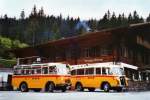 Berner Oberland 80 Jahre Postautostrecke auf die Griesalp: Schmid, Th�rishaus BE 26'105 Saurer/R&J (ex Geiger, Adelboden Nr. 9) und BE 26'760 Saurer/Gangloff (ex Geiger, Adelboden Nr. 3) am 29. Mai 2010 auf der Griesalp