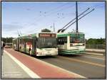 MAN Niederflurbus 1. Generation Die Barnimer Busgesellschaft betreibt ein modernes Oberleitungsbusnetz in der Stadt Eberswalde, n�rdlich Berlins. Eingesetzt werden Oberleitungsomnibusse vom �sterreichischen Typ �AF Gr�f & Stift NGE 152 M17. Diese wurden von der �sterreichischen Automobilfabrik Gr�f & Stift AG Wien/A, einem Tochterunternehmen der MAN, hergestellt und basieren auf dem Stadtbustyp MAN NL202.
Eberswalde, 08.08.06
