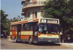 kos Griechenland/Insel Kos/Kos-Stadt,August 2002,MB-Linienbus in Richtung Zia.Der Bus lief vorher in Karlsruhe,im Bus kleben noch die Linienpl�ne von Karlruhe.....
Der Bus hat keine Klimaanlage,da�r lassen sich aber die Seitenfenster aufschieben.(scan).