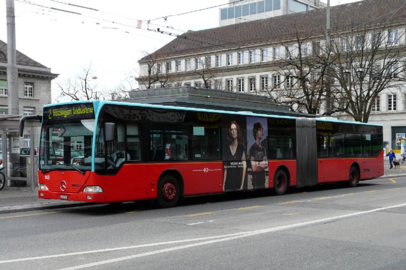 VB Biel - Mercedes Citaro Gelenkbus Nr.143 unterwegs auf der Linie 2 am 05.04.2008