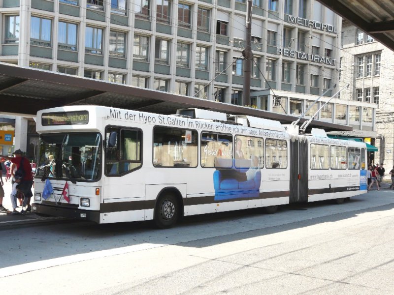 VB St.Gallen - NAW-Hess Gelenktrolleybus Nr.164 mit Werbung eingeteilt auf der Linie 1 am 28.06.2008