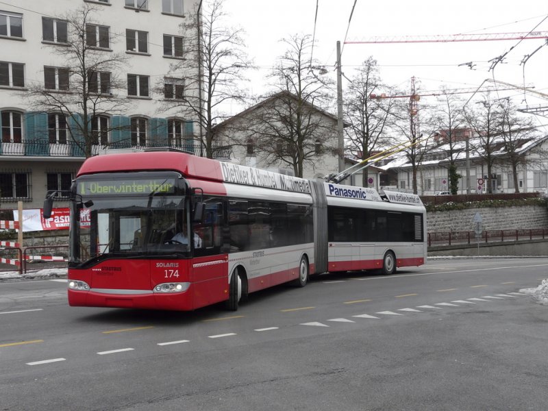 Winterthur - Solaris Trolleybus Nr.174 unterwegs auf der Linie 1 am 20.02.2009