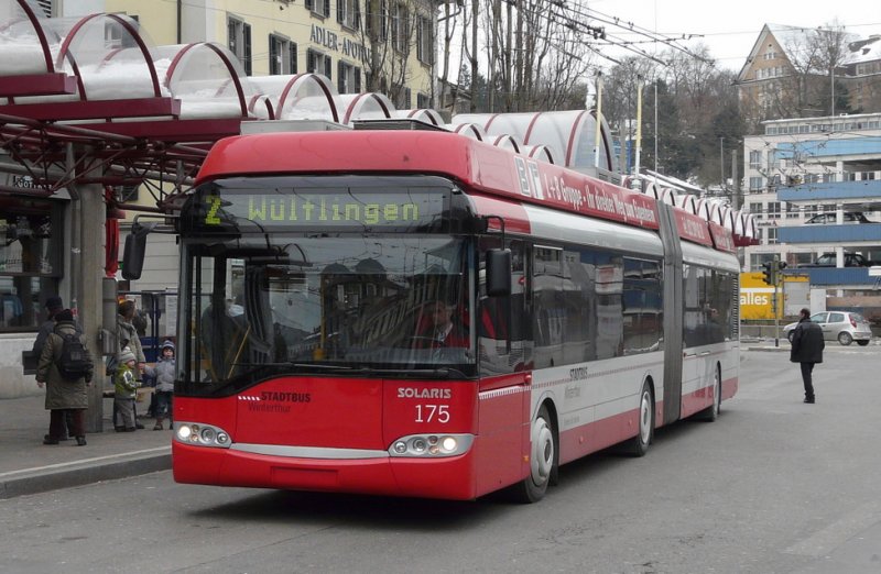 Winterthur - Solaris Trolleybus Nr.175 unterwegs auf der Linie 2 am 20.02.2009