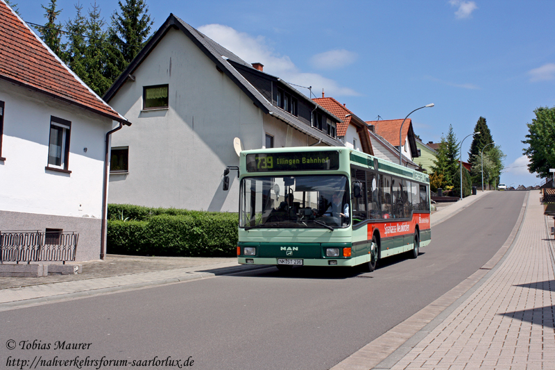 21.05.2010: Im Schiffweiler Ortsteil Heiligenwald befährt Wagen 236 der NVG die Linie 739, eine Schulverstärkerlinie von Neunkirchen zum Bahnhof Illingen. Der MAN NL 202 ist derzeit der älteste Niederflurbus im Fuhrpark der NVG und wartet noch auf einen Käufer. In Neunkirchen sind die NL 202 inzwischen vom aussterben bedroht.