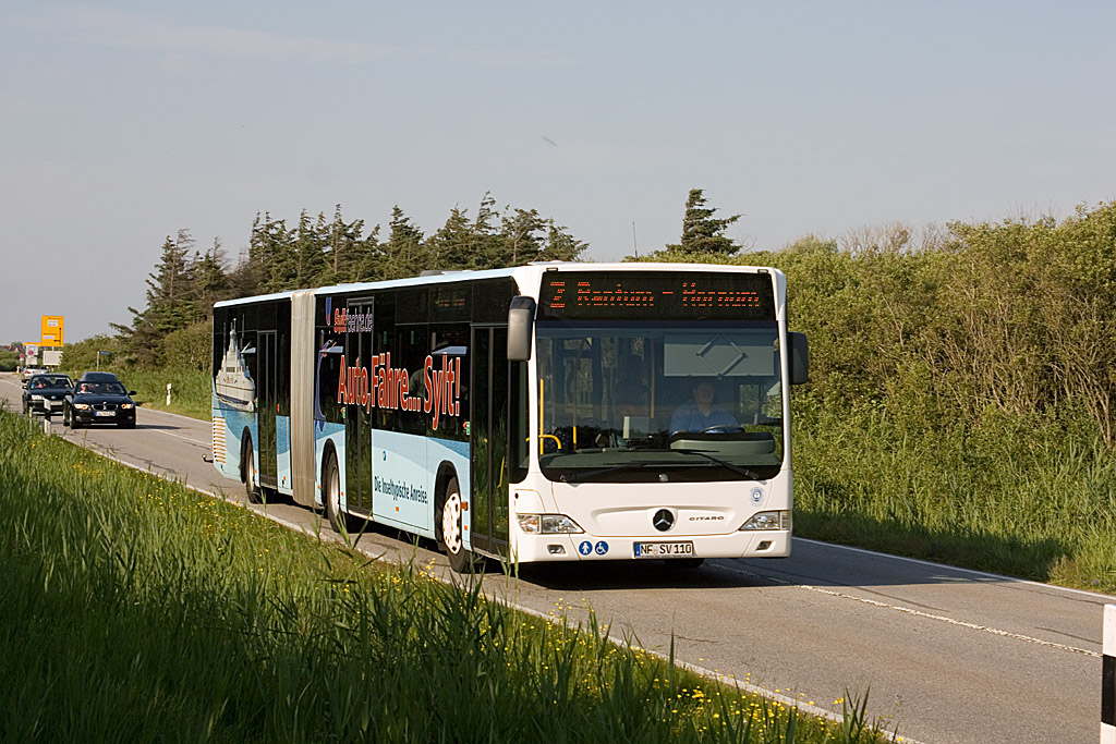 Am 9. Juli 2010 rollte der NF-SV 110 durch das Eidumwldchen sdlich von Westerland, als der Bus auf der Linie 2 von Westerland nach Hrnum unterwegs war.