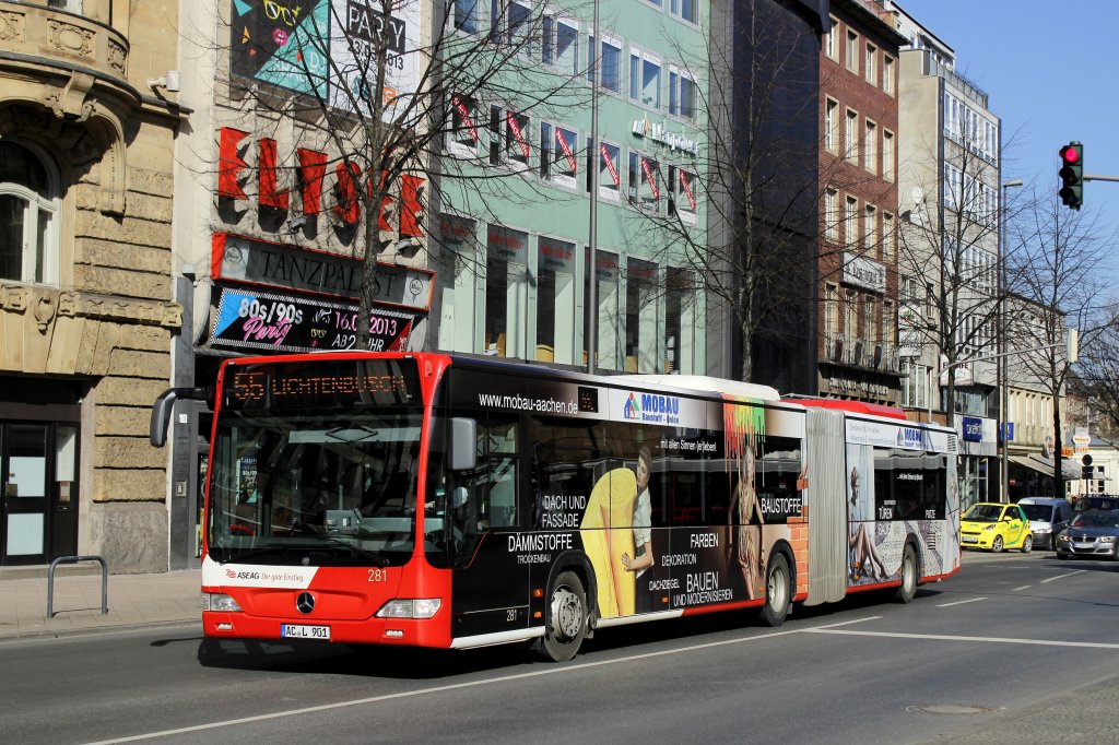 ASEAG 281 mit Werbung fr Mobau Baustoff Union.
Aufgenommen am 5.3.2013 in Aachen.