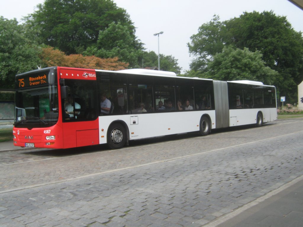 Auf der Linie 75 fhrt der Wagen 4587 nach Rnnebeck, auch er endet an der H Cranzerstrae. Hier steht er am BF Blumenthal

Aufnahme entstand am 01.07.2010