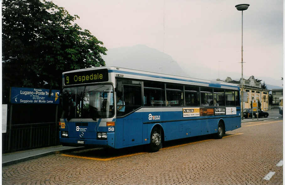 Aus dem Archiv: ACT Lugano - Nr. 58/TI 179'338 - Mercedes O 405 (ex Nr. 28) am 13. Juli 1998 beim Bahnhof Lugano