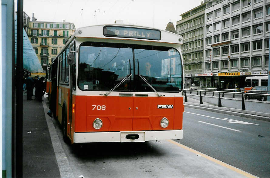 Aus dem Archiv: TL Lausanne - Nr. 708 - FBW/Hess Trolleybus am 15. April 1998 in Lausanne, Chauderon