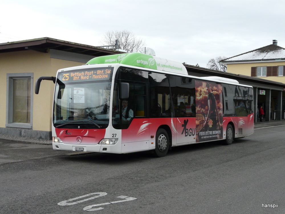 BGU - Mercedes Citaro  Nr.27  SO  39937 unterwegs auf der Linie 25 bei der Haltestelle beim Bahnhof Grenchen Sd am 29.01.2013