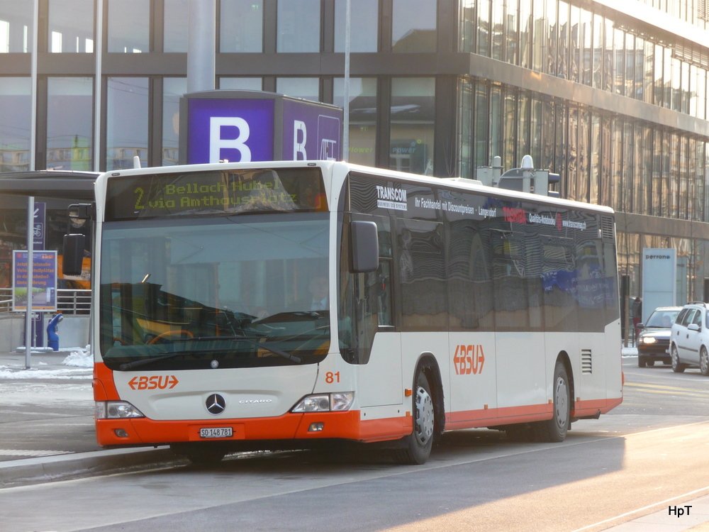 BSU - Mercedes Citaro Nr.81 SO 148781 unterwegs auf der Linie 2 bei den Haltestellen vor dem Bahnhof Solothurn am 07.03.2010