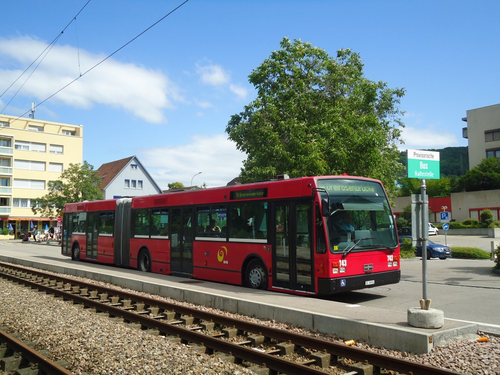 BVB Basel - Nr. 743/BS 98'990 - Van Hool (ex Bernmobil, Bern) am 11. Juli 2012 in Pratteln, Bahnhofstrasse