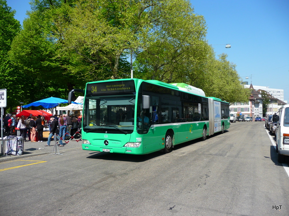 BVB - Mercedes Citaro Nr.706 unterwegs auf der Linie 34 in der Stadt Basel am 16.04.2011
