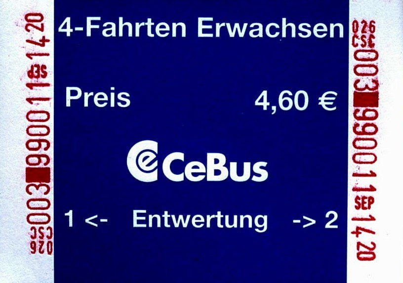 CELLE (Landkreis Celle), 11.09.2004, 4-Fahrten-Ticket Erwachsene für den Stadtbus -- Fahrkarte eingescannt