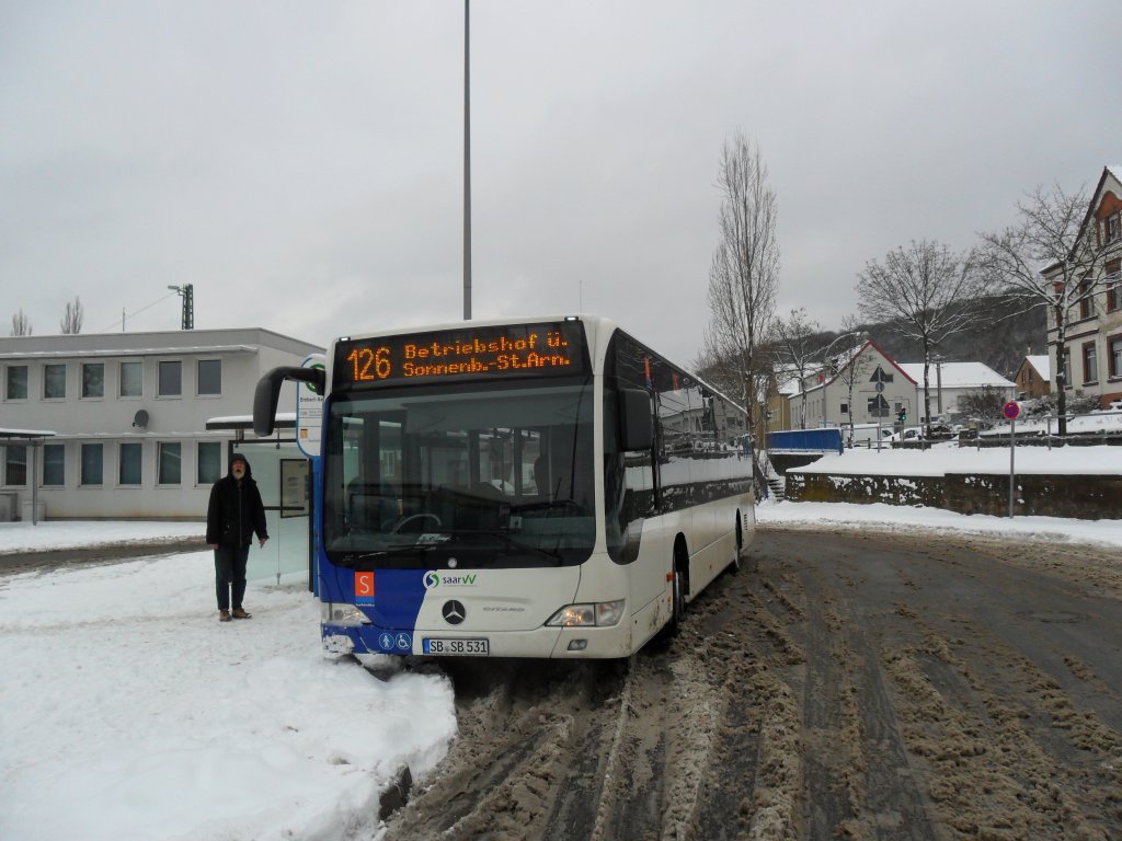 Das Foto zeigt einen der neuen 8 Citaro Busse die seit Ende 2010 im Linienverkehr von Saarbahn und Bus eingesetzt sind. Das Foto habe ich am 08.01.2011 in Saarbrcken Brebach gemacht.