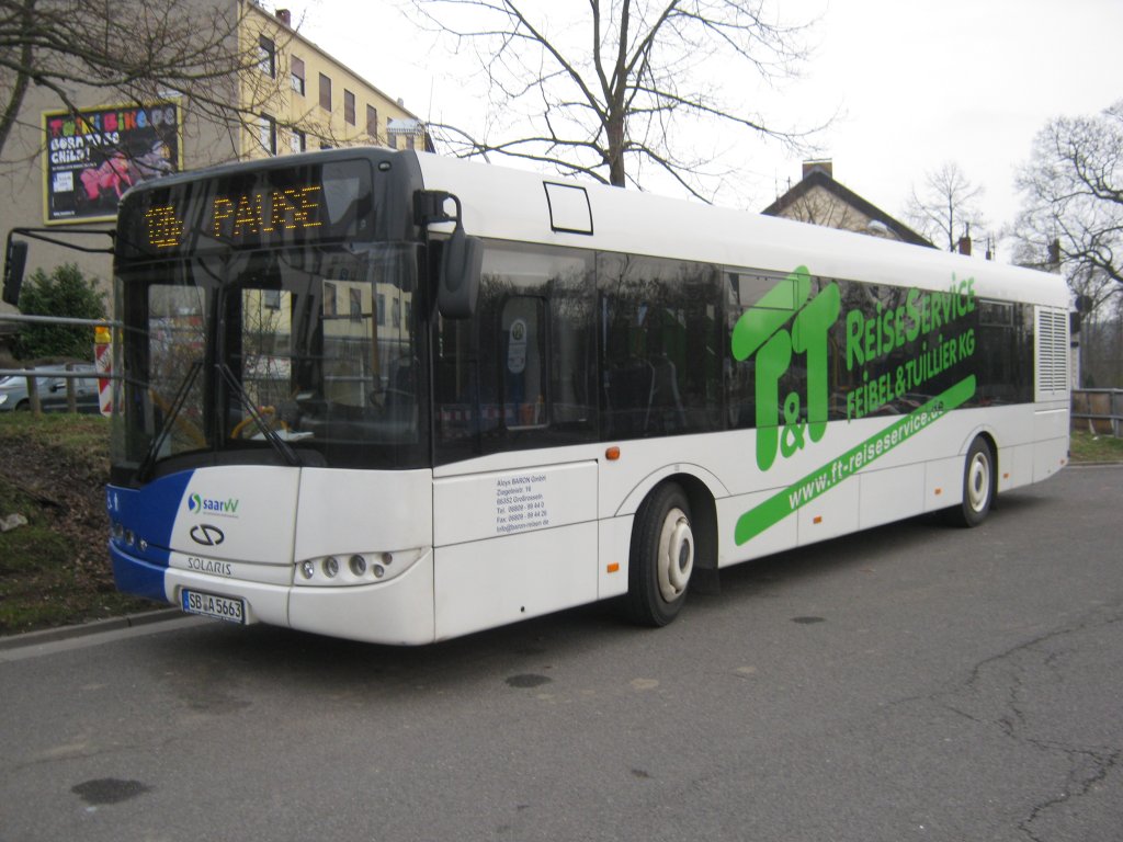 Das Foto zeigt einen Solaris Urbino der Firma Baron Reisen.Der Bus fährt Linienverkehr für Saarbahn und Bus. Aufgenommen habe ich das Foto am 19.02.2011 in Saarbrücken Brebach.