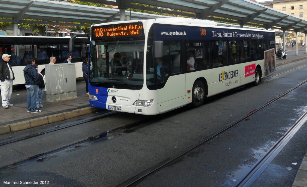 Ein weiterer neuer Mercedes Citaro Bus am Saarbrcker Hauptbahnhof. Es sind 12 neue Citaros im Einsatz. Dieses Bild habe ich im September 2012 gemacht.
