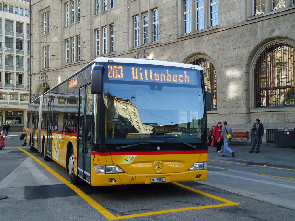 Eurobus (Cars Alpin Neff), Arbon - Nr. 14/TG 185'521 - Mercedes Citaro am 20. Oktober 2012 beim Bahnhof St. Gallen