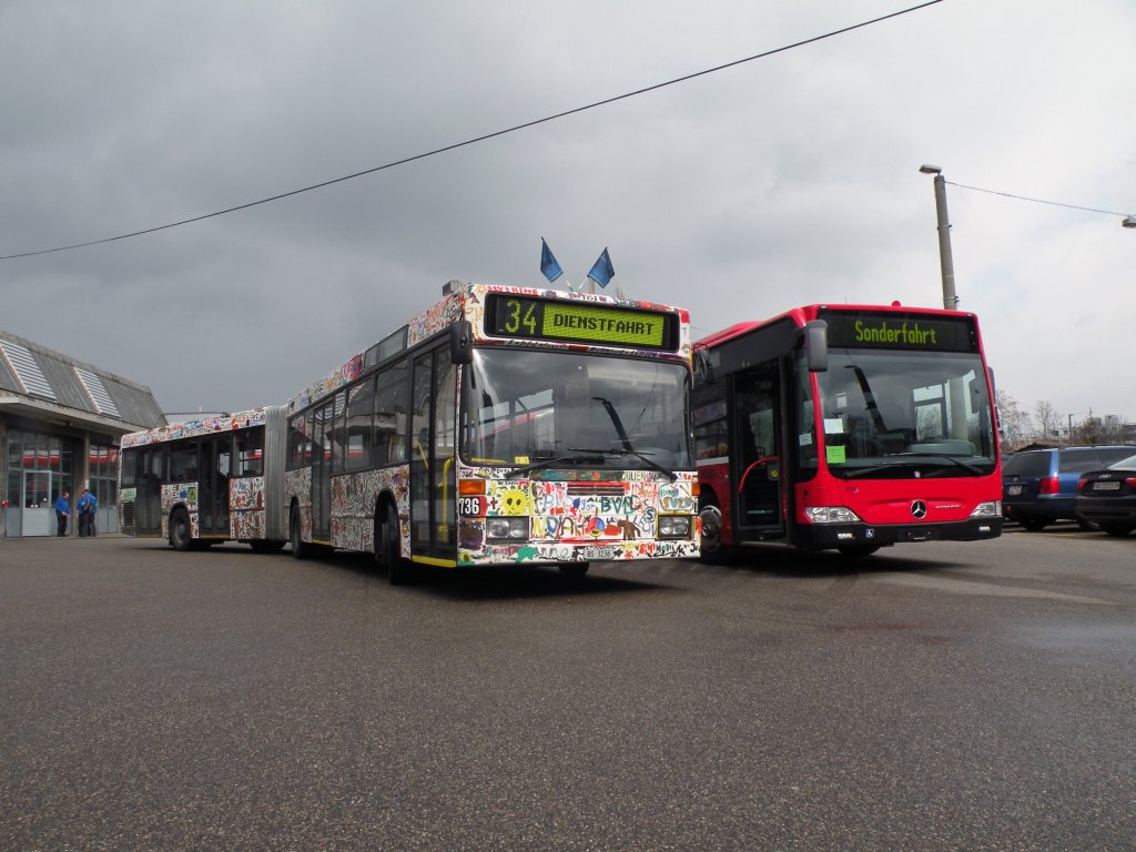 Fabrikneuer Mercedes Citaro von Bernmobil mit der Betriebsnummer 864 zusammen mit BVB Mercedes Bus 736 der am 06. September 2008 von Kindern bemalt wurde auf dem Hof der Garage Rankstrasse. Die Aufnahme stammt vom 15.03.2010. 