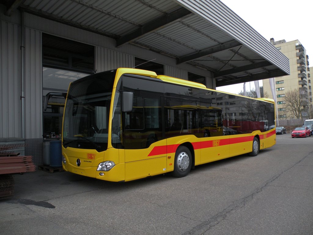 Fabrikneuer Mercedes Citaro der BLT auf dem Hof der Kestenholz AG. Die Aufnahme stammt vom 06.03.2013.
