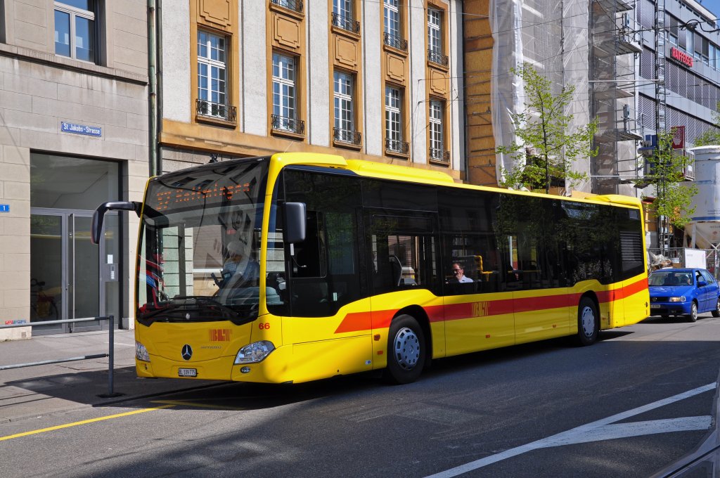 Fabrikneuer Mercedes Citaro mit der Betriebsnummer 66 auf der Linie 37 an der Endhaltestelle am Aeschenplatz. Die Aufnahme stammt vom 25.04.2013.
