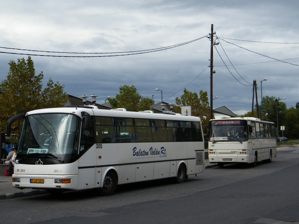 FJZ-591 (Balaton Voln Credo EC 11) und GXD-206 (Bakony Voln Ikarus C56) stehen in Veszprm, am 08. 10. 2011.  