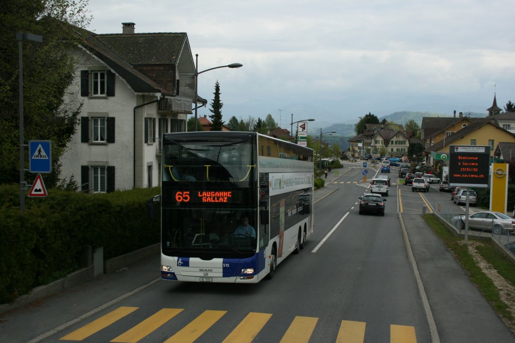 Fr die Linien im Jorat besitzen die TL sechs MAN Lion's City DD aus 2008. Die Aufnahme zeigt Wagen 515/VD1'596 am 17.5.2010 in Savigny. 