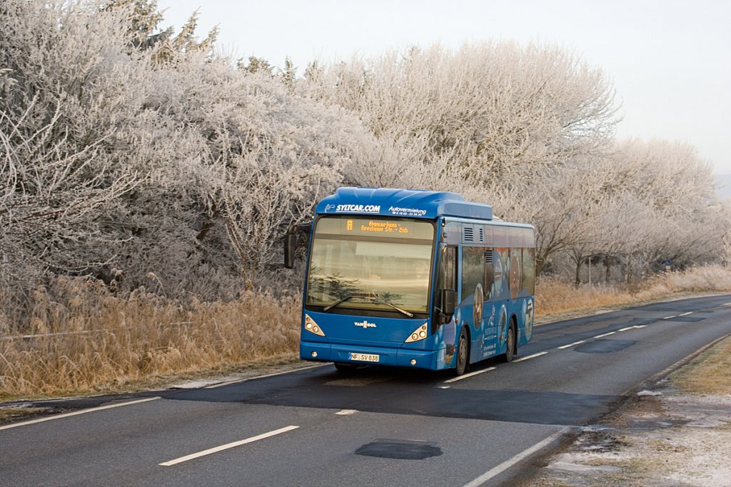 Fr den Stadtbus Westerland setzt die Sylter Verkehrsgesellschaft einen NewA308 von van Hool ein. Am 18. Dezember kam der Bus an dem mit Raureif berzogenen Sdwldchen in Sden von Westerland vorbei, als der Bus auf der Linie A (Sdring) zur Haltstelle Campingplatz Westerland unterwegs war.