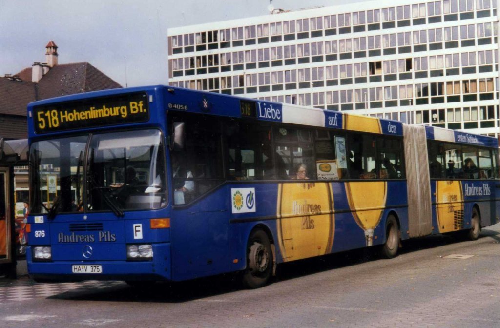 HST 876, ein Mercedes O405 G, aufgenommen im September 1996 in Hagen am Hauptbahnhof.