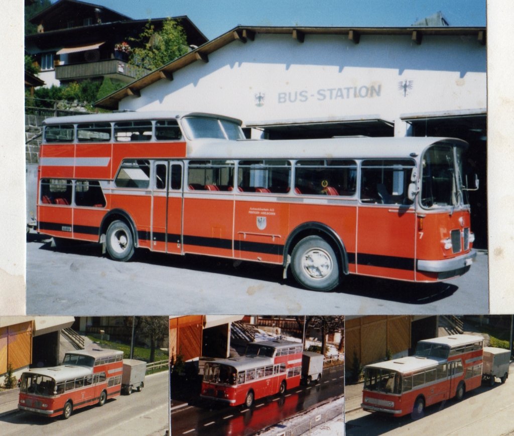 Leider konnte ich nie alle 4 Anderthalbdecker der Automobilverkehr Frutigen-Adelboden AG auf ein Bild bringen. So machte ich mir Ende der 80er-Jahre selber eine  Fotomontage ! Zu sehen sind die FBW/Vetter-R&J (oben) Nr. 7/BE 26'707 mit Jahrgang 1964; (unten von links nach rechts) Nr. 9/BE 19'692 mit Jahrgang 1966; Nr. 4/BE 26'704 mit Jahrgang 1969; Nr. 6/BE 26'706 mit Jahrgang 1973.