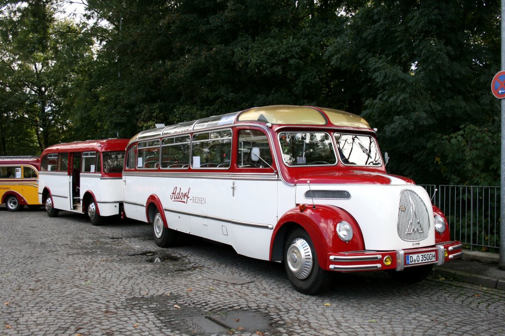 Linienbustreffen 25.9.2010 in Essen 
Dieser Magirus O 3500 gehrt dem Reisebro Adorf aus Dsseldorf. 
Er ist Baujahr 1953 und fuhr bis 1969 beim Omnibusverkehr Georg Braun in Hofstett (Kreis Calw).
Seit 1995 gehrt er Adorf.