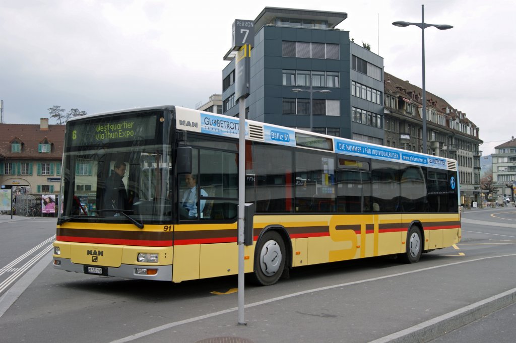 MAN Bus Be 572091 auf der Linie 6 am Bahnhof Thun. Die Aufnahme stammt vom 12.04.2010.