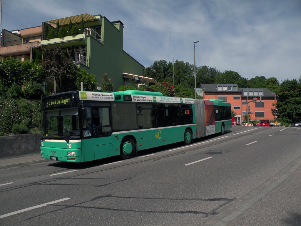 MAN Bus mit der Betriebsnummer 759 fhrt zu Endstation der Linie 34 in Bottmingen. Die Aufnahme stammt vom 09.05.2011.