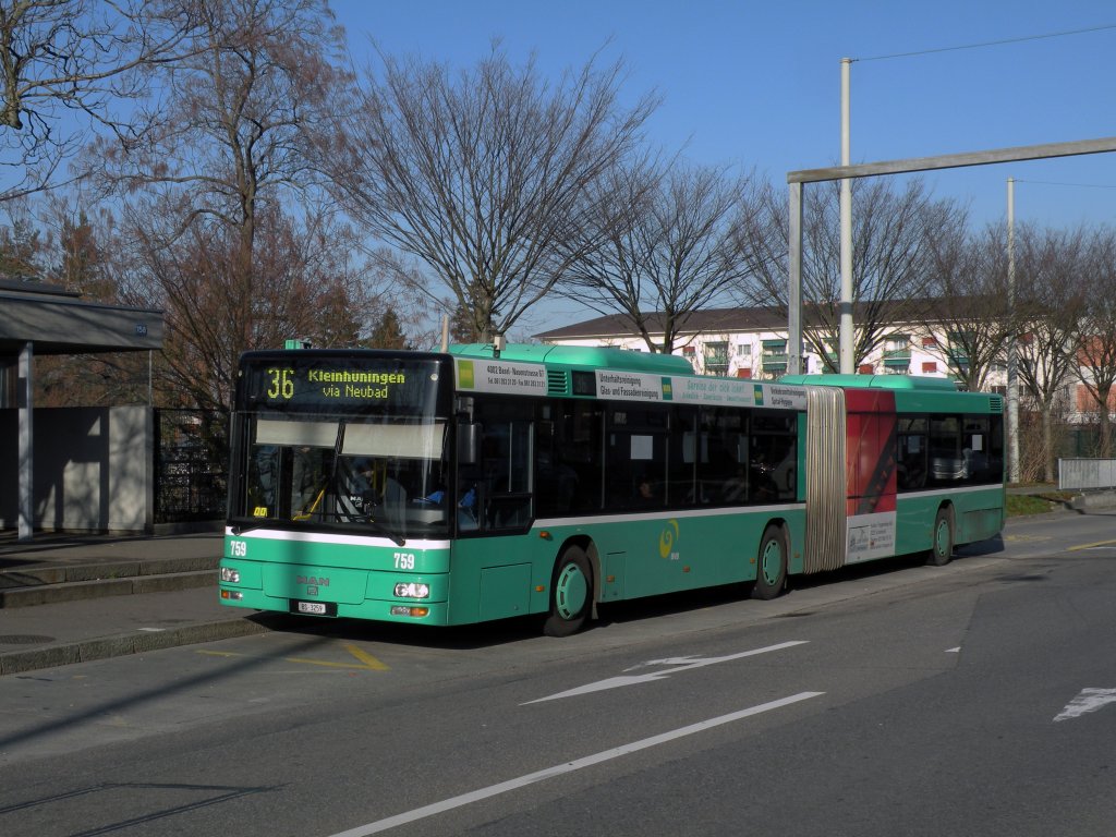 MAN Bus mit der Betriebsnummer 759 an der Haltestelle Morgartenring auf der Linie 36. Die Aufnahme stammt vom 15.01.2012.